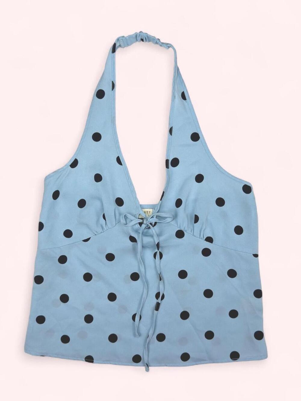 Blue Polka Dot Halter Top with Tie Front
